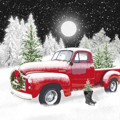 Red truck under a winter moon