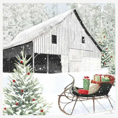 White barn and sleigh