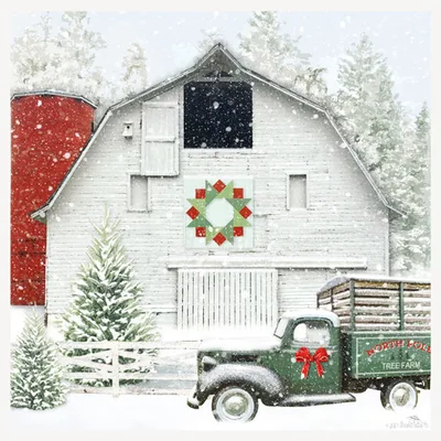 White barn with green truck